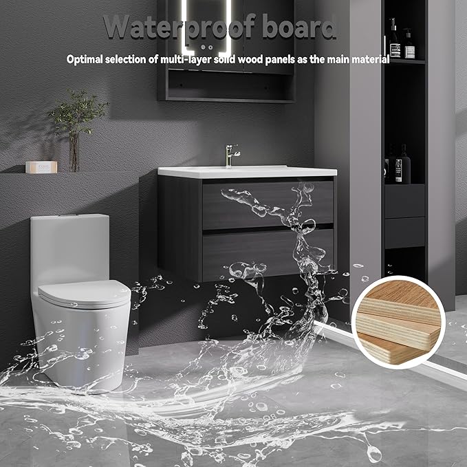 Grey Floating Bathroom Vanity with Sink, 31x18 Inch Wall Mounted Bathroom Cabinet with 2 Drawers, Modern Single Sink Vanity for Small Bathroom, Space-Saving Storage Cabinet