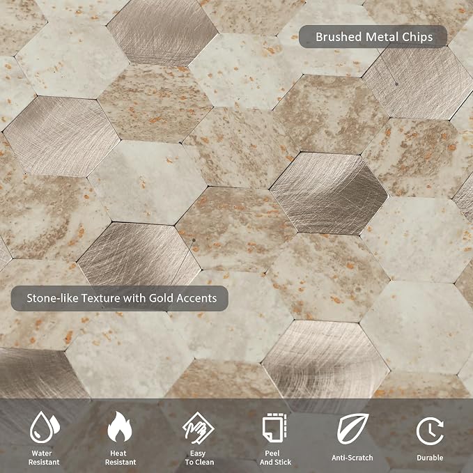 12 Sheets Peel and Stick Backsplash Tile, Hexagon Beige Stone Rock Mixed Brushed Metal Stick on Backsplash, Honeycomb Self Adhesive Mosaic Wall Tiles for Kitchen Bathroom (11.3" x 5.7")