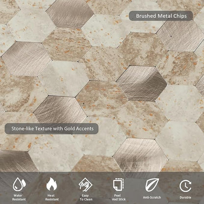12 Sheets Peel and Stick Backsplash Tile, Hexagon Beige Stone Rock Mixed Brushed Metal Stick on Backsplash, Honeycomb Self Adhesive Mosaic Wall Tiles for Kitchen Bathroom (11.3" x 5.7")