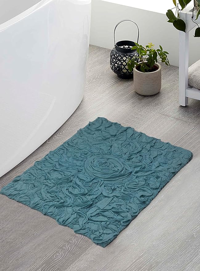 Home Weavers Bell Flower Collection 100% Cotton Tufted Bath Rugs, Extra Soft and Absorbent Bath Rugs, Non-Slip Bath Mats, Machine Washable, Bath Mats for Bathroom Floor, 17"x24" Rectangle, Blue