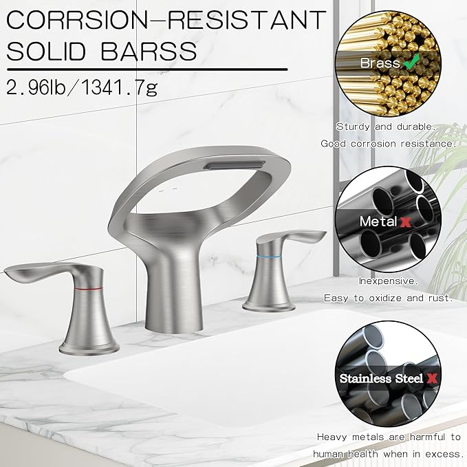 Bathroom Faucet 3 Hole, Brushed Nickel Bathroom Sink Faucets with 2 Handle, Solid Brass Modern Widespread Vanity Faucet with Hoses for 6 to 12 Inch Sinks