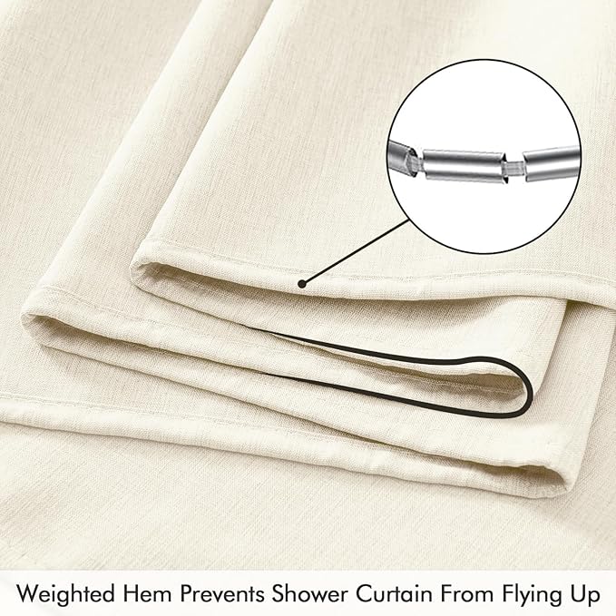 ANRODUO Ivory Extra Long Linen Fabric Shower Curtain Set - W72xL96 | Farmhouse Shower Curtain with 12 Metal Hooks, Waterproof Heavy Duty, Button Hole Design, Machine Washable for Bathroom