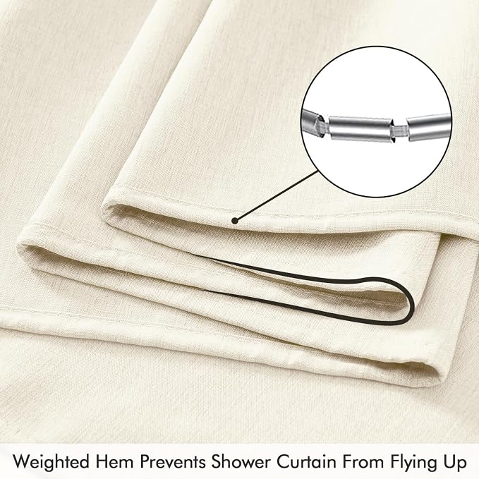 ANRODUO Ivory Extra Long Linen Fabric Shower Curtain Set - W72xL108 | Farmhouse Shower Curtain with 12 Metal Hooks, Waterproof Heavy Duty, Button Hole Design, Machine Washable for Bathroom