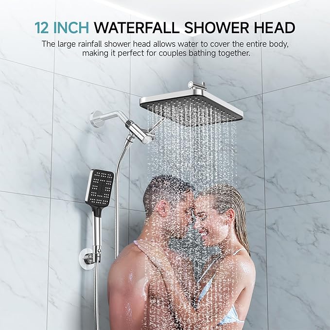 High Pressure Rain Shower Head with Handheld Spray Combo Set, Adjustable 12" Rainfall Dual Shower Head, Double&Tandem Shower Head, Waterfall Showerhead Bathroom -Silver Chrome