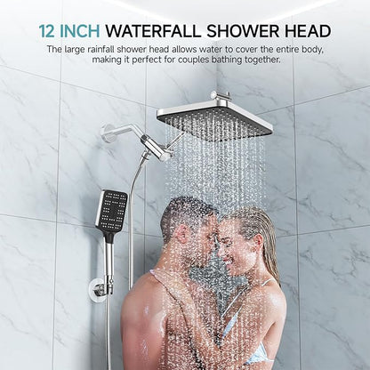 High Pressure Rain Shower Head with Handheld Spray Combo Set, Adjustable 12" Rainfall Dual Shower Head, Double&Tandem Shower Head, Waterfall Showerhead Bathroom -Silver Chrome