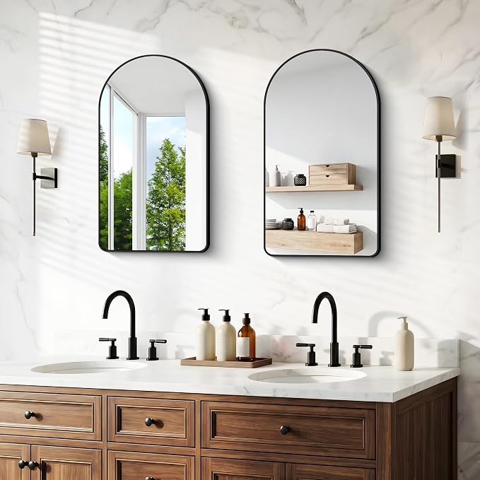 BONEWEI Arched Wall Mirror,18x30 inch Black Arched Mirror Bathroom,Vanity Mirror for Over Sink Metal Frame,Tempered Glass Arch Mirrors for Bedroom,Entryway,Living Room,Home Decor Shatter-Proof