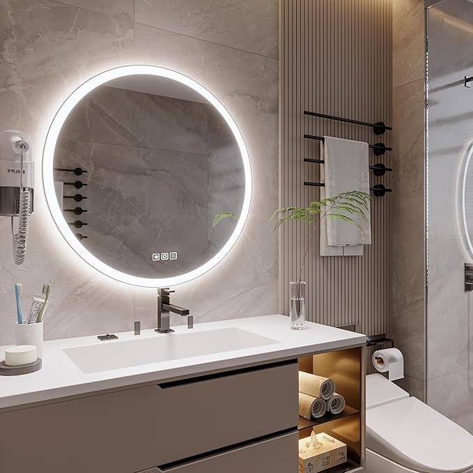 32inches Round LED Mirror,samrt Mirror for Bathroom,Light,Anti- Fog,3 Colors Dimmable,Front and Backlit,CRI90+,Touch Button