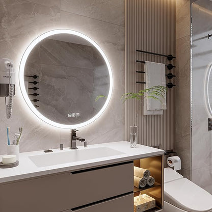 20inches Round LED Mirror,samrt Mirror Bathroom,Wall Bathroom Mirror with Light,Anti- Fog,3 Colors Dimmable,Front and Backlit,CRI90+,Touch Button