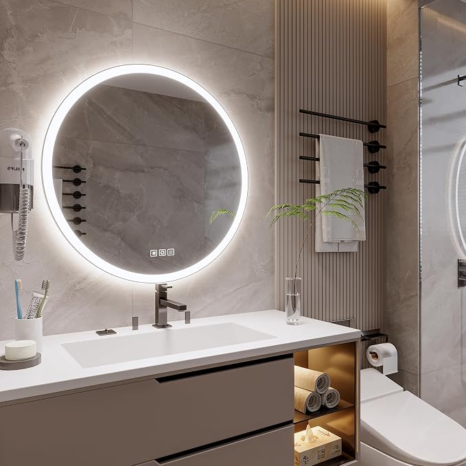 36inches Round LED Mirror,samrt Mirror Bathroom,Anti- Fog,3 Colors Dimmable,Front and Backlit,CRI90+,Touch Button
