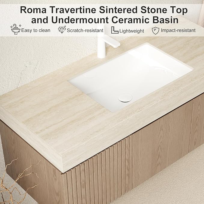 Ambrovina 30" Floating Bathroom Vanity with Sink, Modern Wall Mounted Storage Vanities with Drawer and Door, Roma Travertine Countertop and Ceramic Basin, Pre-Assembled Cabinet, Light Brown