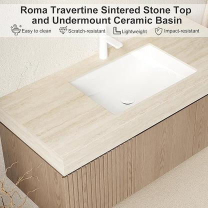 Ambrovina 30" Floating Bathroom Vanity with Sink, Modern Wall Mounted Storage Vanities with Drawer and Door, Roma Travertine Countertop and Ceramic Basin, Pre-Assembled Cabinet, Light Brown