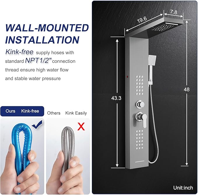 ROVATE LED Shower Panel Tower System, Rainfall Waterfall Shower Tower with Jets and Handheld, 5 in 1 Brushed Stainless Steel High Pressure Shower Column with Tub Spout