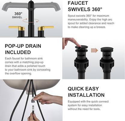 KENES Black and Gold Pull Out Centerset Bathroom Faucet 3 Hole, 4 Inch 2 Handle Bathroom Sink Faucet with Pull Out Sprayer, Vanity Faucet with Pop Up Drain & Supply Lines LJ-9059A-BG