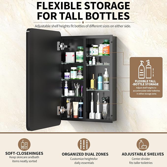 16x24 Black Medicine Cabinet with Mirror, Recessed & Surface Mount | Bathroom mirror with storage: 6 adjustable shelves fit tall bottles; DTC soft-close hinges; rust-resistant aluminum