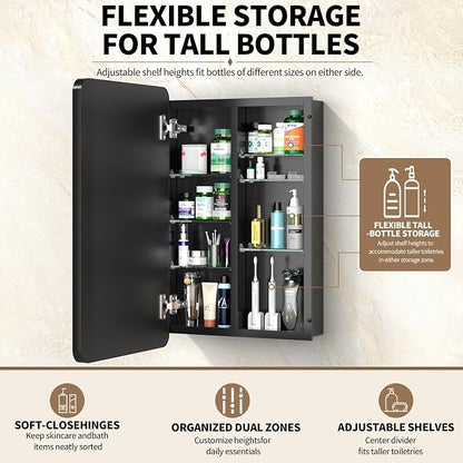 20x30 Black Medicine Cabinet with Mirror, Recessed & Surface Mount | Bathroom mirror with storage: 6 adjustable shelves fit tall bottles; DTC soft-close hinges; rust-resistant aluminum
