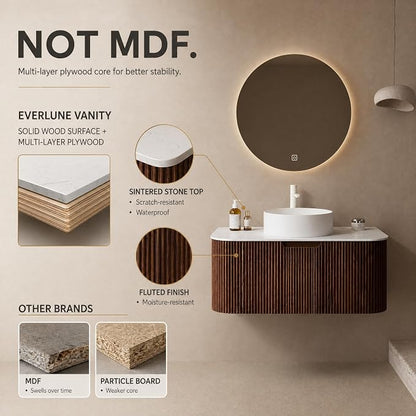 36 Inch Bathroom Vanity with Sink, Floating Wall Mounted Single Sink Vanity, Dark Walnut Curved Fluted Front, Stone Top, Pure White Round Vessel Basin, Pre-Assembled