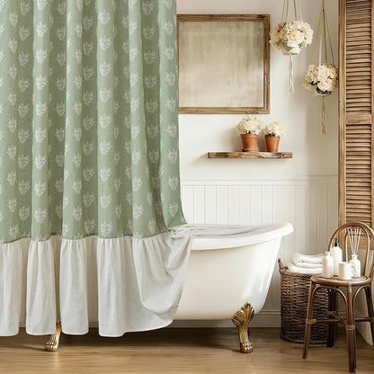 ORTIGIA Linen Textured Ruffle Shower Curtain with Metal Hooks, Green Vintage Block Print Floral Boho Waterproof Bath Curtain for Rustic Farmhouse Bathroom Decor 72x72 Inch