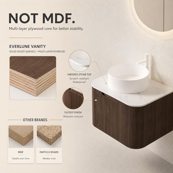 24 Inch Bathroom Vanity with Sink, Floating Wall Mounted Single Sink Vanity for Small Baths, Dark Walnut Curved Fluted Front, Stone Top, Pure White Round Vessel Basin, Pre-Assembled