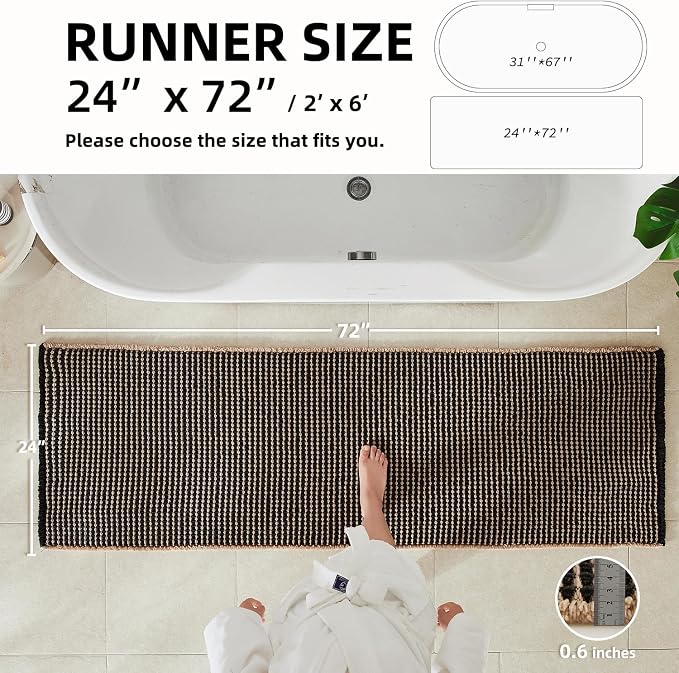 TYUU Waffle Runner Rug Bathroom, Long Boho Bath Mat, 72x24 Khaki & Black | Super Absorbent Quick Dry Bath Rug, Non-Slip Backing, Soft Waffle Washable Farmhouse Bathroom Mats, Tub, Shower & Home Decor
