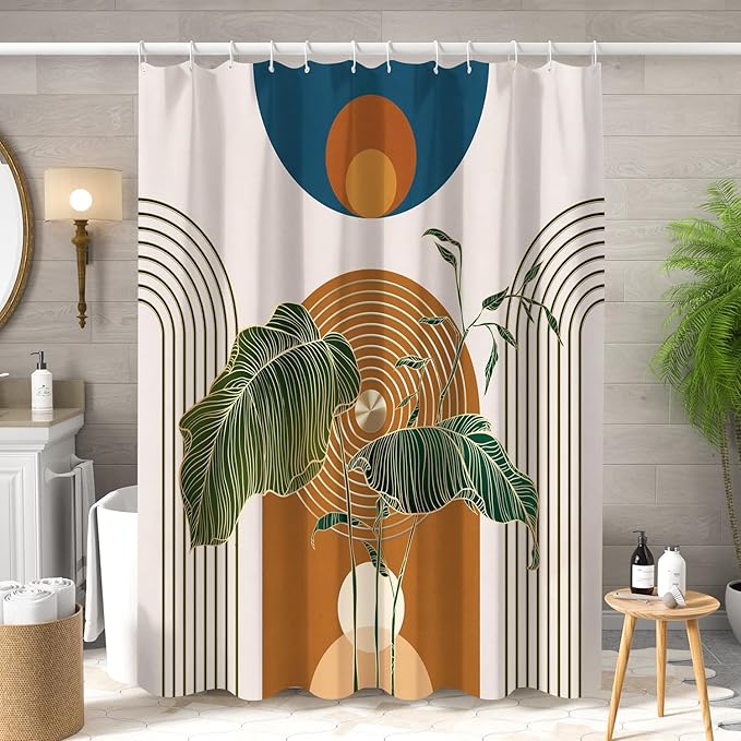 Boho Shower Curtain for Bathroom Modern Mid Century Plant Palm Leaves Bath Curtain Modern Minimalist Geometric Arch Bath Decor Waterproof Polyester Fabric Curtains Set 72x78 inch
