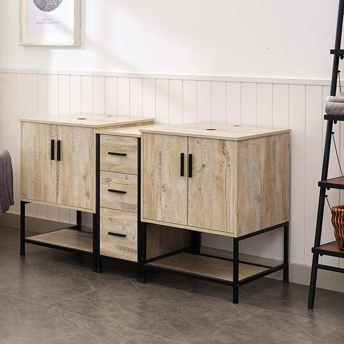 UEV Rustic Oak 60" Double Bathroom Vanity with Sink Combo,Industrial Iron Frame 2 Main Bathroom Vanity with Middle 3 Drawers Cabinet(Without Sink Combo)