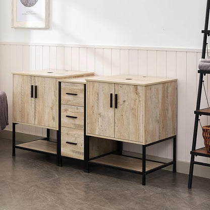 UEV Rustic Oak 60" Double Bathroom Vanity with Sink Combo,Industrial Iron Frame 2 Main Bathroom Vanity with Middle 3 Drawers Cabinet(Without Sink Combo)