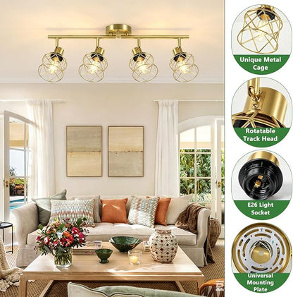 Baocuz 4-Lights Kitchen Light Fixtures Ceiling Mount, Adjustable Multi-Directional Brushed Gold Semi Flush Mount Ceiling Light, Metal Wire Cage Spotlight Ceiling Fixtures for Dining Room, Farmhouse