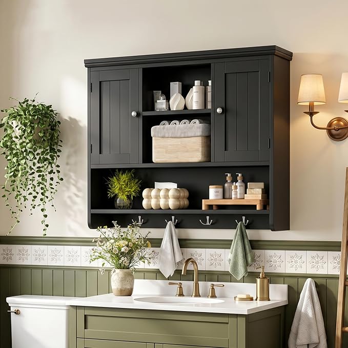 Bathroom Wall Cabinet with Doors and Hooks, 3-Tier Wall Mounted Cabinet | Modern Medicine Cabinet with 3 Open Shelves, Over the Toilet Storage Cabinet for Kitchen, Laundry Room, Living Room, Black