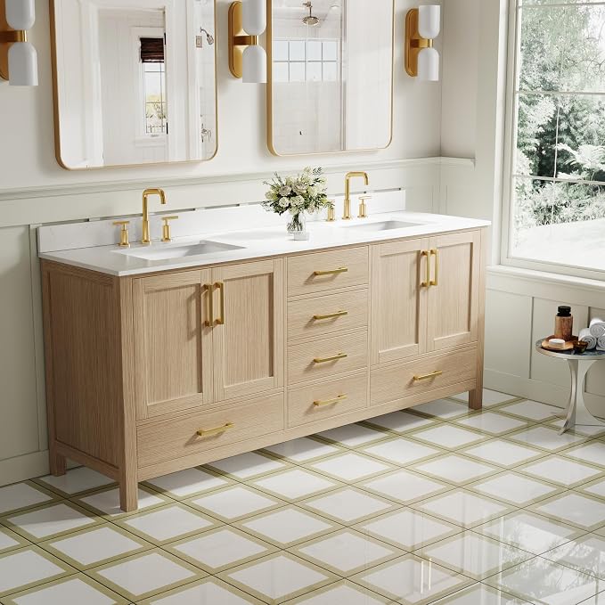 80-Inch Bathroom Vanity with Sink, 4 Soft-Close Doors and 6 Soft-Close Drawers, Bathroom Freestanding Vanity with Cultured Marble Countertop, Oak Vanity W/Gold Handles