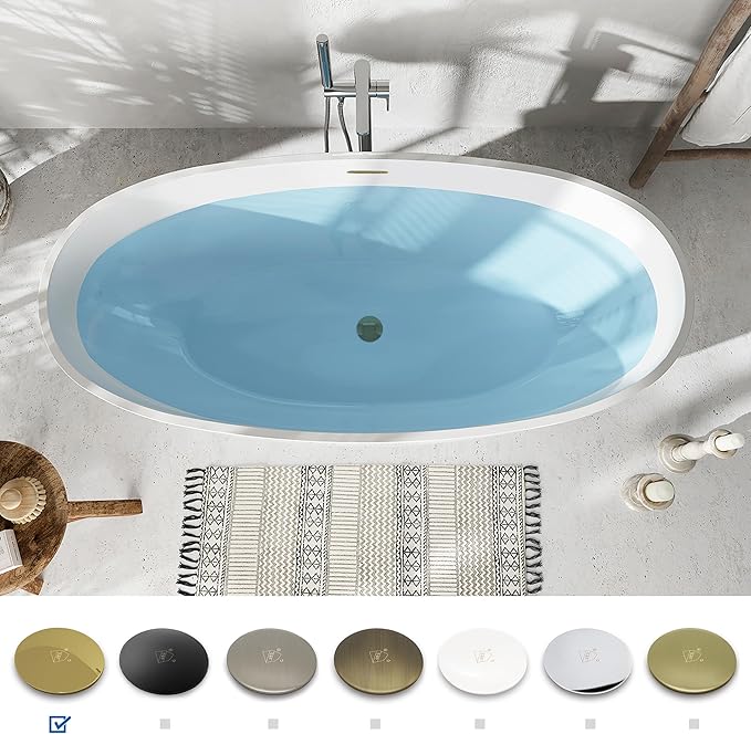 FerdY Tahiti 67" Freestanding Bathtub Elegant Oval Shape, Glossy White Double Walled Insulation bathtub with Center Polished Gold Drain & Overflow, cUPC Certified