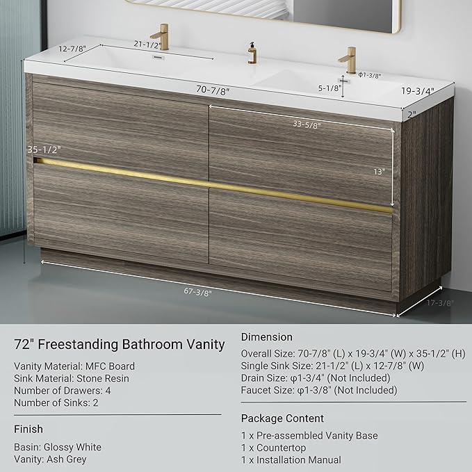 72" Freestanding Bathroom Vanity with 2 Sinks, Storage Cabinet with Stone Resin Countertop, 4 Soft Close Drawers, Espresso Wood, Pre-Assembled Base, Ash Grey