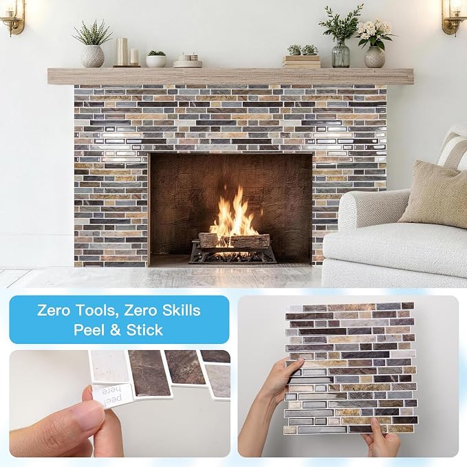 Art3d Linear Tile Peel and Stick Backsplash, 10-Pack, Vintage Sandstone | 12 x 12 Inch, Enhanced Thickness, Warp Resistant, Strong Adhesion, Sturdy, for Kitchen, Bedroom, Ideal for Home Improvement