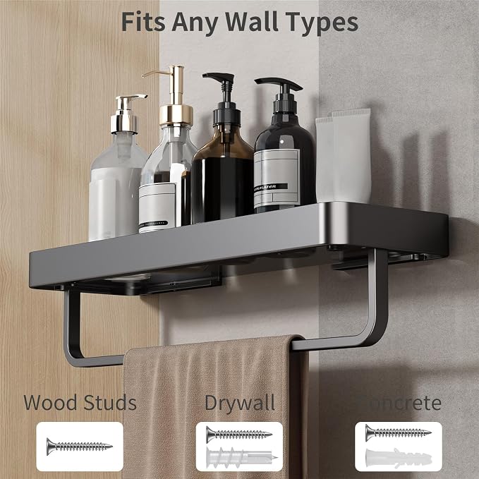16 Inch Long Floating Bathroom Shelf with Towel Bar, Clear Tempered Glass Wall Shelf with Hand Towel Holder for Bathroom Storage Organizer, Matte Black