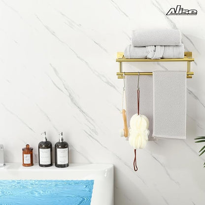 Alise Double Towel Rack for Bathroom Wall Mounted 16 Inch,Gold | Bathroom Tower Holder Towel Shelf with Double Towel Bars,SUS304 Stainless Steel Towel Rack with Shelf for Lavatory Kitchen