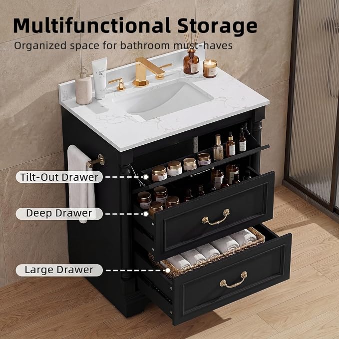 YESHOMY 30" Bathroom Vanity with Sink, Marble-Look Countertop, Black | Freestanding Storage Cabinet with Ceramic Basin, Tilt-Out Drawer and Additional Drawers for Bathroom