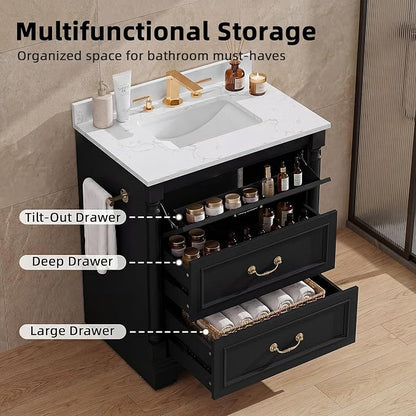 YESHOMY 30" Bathroom Vanity with Sink, Marble-Look Countertop, Black | Freestanding Storage Cabinet with Ceramic Basin, Tilt-Out Drawer and Additional Drawers for Bathroom