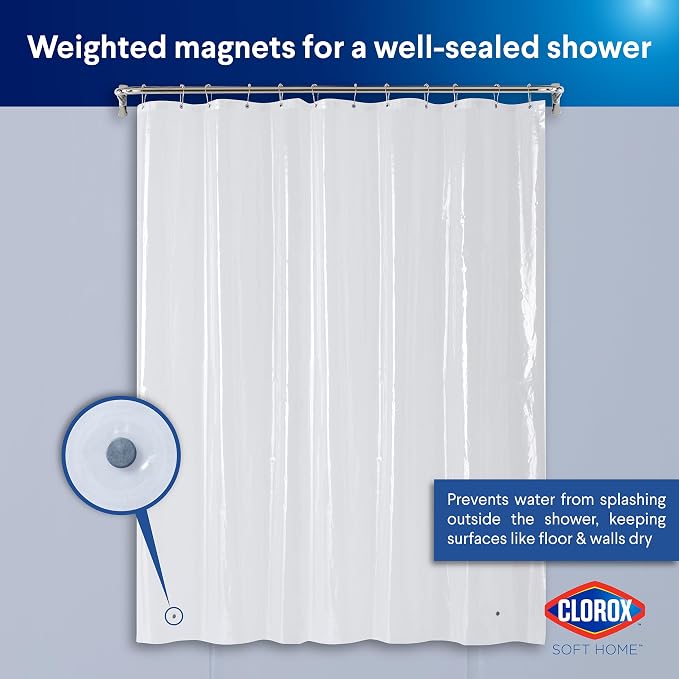 Clorox Shower Curtain Liner, Premium Lightweight Flexible Waterproof 3g PEVA for Bathroom with Weighted Magnets, Standard Size 70" x 72", Clear 2 Pack