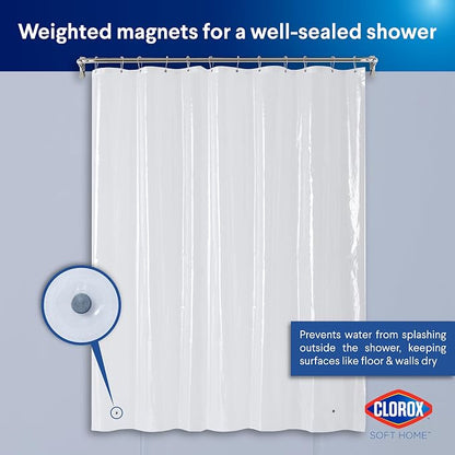 Clorox Shower Curtain Liner, Premium Lightweight Flexible Waterproof 3g PEVA for Bathroom with Weighted Magnets, Standard Size 70" x 72", Clear 2 Pack