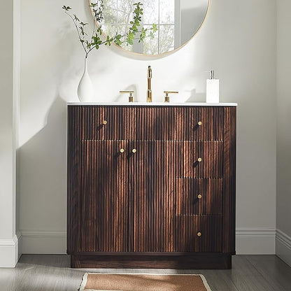 T4TREAM 36 Inch Bathroom Vanity with Sink, Modern Fluted Single Bathroom Vanity with Sink with Storage Cabinet, Adjustable Shelf and 3 Small Drawers, Dark Walnut
