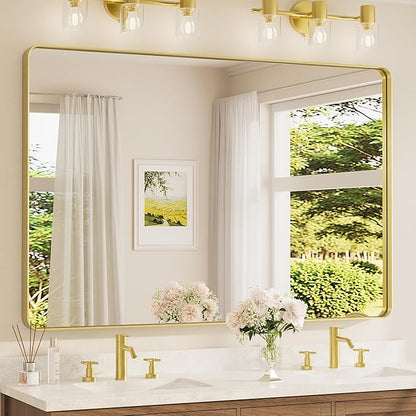 TETOTE 60 x 40 Inch Brushed Gold Frame Mirror, Brass Bathroom Vanity Mirror for Wall, Modern Rectangle Round Corner Matte Framed Mirror (Horizontal/Vertical)