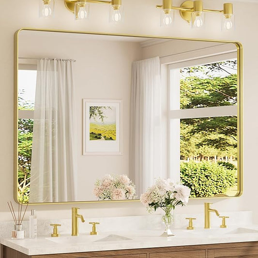TETOTE 60 x 40 Inch Brushed Gold Frame Mirror, Brass Bathroom Vanity Mirror for Wall, Modern Rectangle Round Corner Matte Framed Mirror (Horizontal/Vertical)