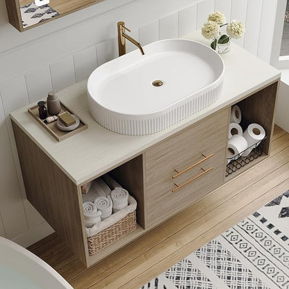 40" Bathroom Vanity with Sink Set, Modern Oak Wall Mounted Bathroom Vanity Cabinet with Above Oval Ceramic Sink,Gold Handle 2 Drawers & 2 Open Storage, Single Sink Floating Bathroom Vanity