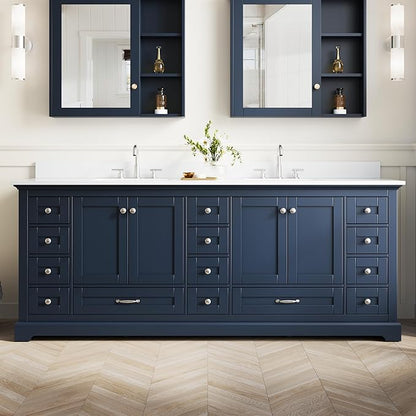 WELLFOR 84 Inch Bathroom Vanity with Double Sinks, Bathroom Freestanding Vanity W/4 Soft-Close Doors and 14 Drawers, Large Storage Space Vanity, Cultured Marble Countertop Vanities (Navy Blue)