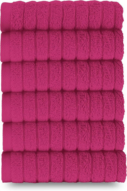 Elegant Comfort 100% Turkish Cotton Corduroy Ribbed Luxury Washcloths 6 Pack Soft 13 x 13 Inch - Higly Absorbent, Durable, Quick Dry, Spa Premium Hotel Quality for Bathroom or Travel, Hot Pink