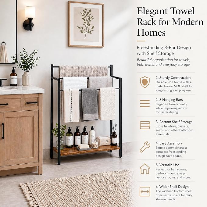 24.8" W Freestanding Towel Rack with Rustic Brown Wood Shelf | 3 Tier Blanket Ladder Stand for Bathroom Living Room, Metal Frame