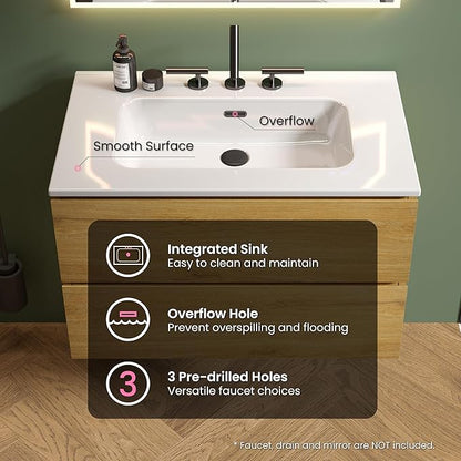 30" Bathroom Vanity with Sink, Modern Floating Vanity with Double Soft Closing Drawers, Large Storage for Small Space, Natural Oak, Fully Assembled - Iris Collection