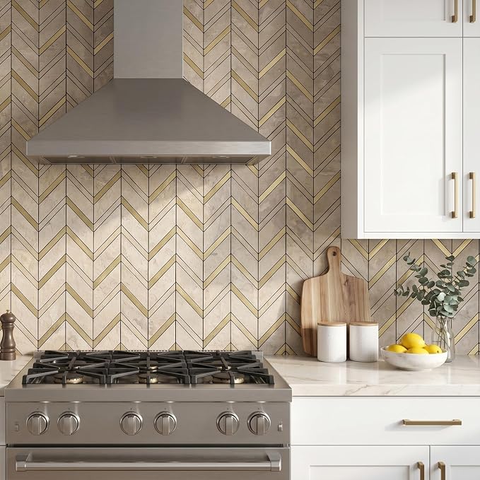 Yipscazo 10-Sheet Herringbone Peel and Stick Backsplash, Beige Stone Mixed Metal Gold PVC Stick on Tiles for Kitchen, Waterproof Self Adhesive Wall Tiles for Bathroom