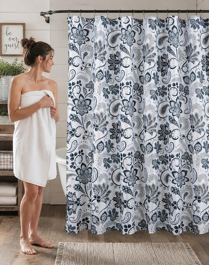 Hotel Quality Navy Gray Grey Fabric Bathroom Shower Curtain: Paisley Floral Leaf Damask Design on White (72 x 70 inches)