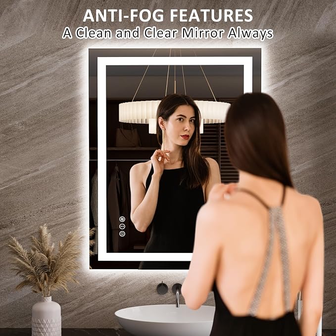 LOAAO 27.6"x35.4" LED Bathroom Mirror with Lights, UL Listed | Anti-Fog, Dimmable, 3 Color Temperature, Backlit + Front Lit, Memory Function, Tempered Glass