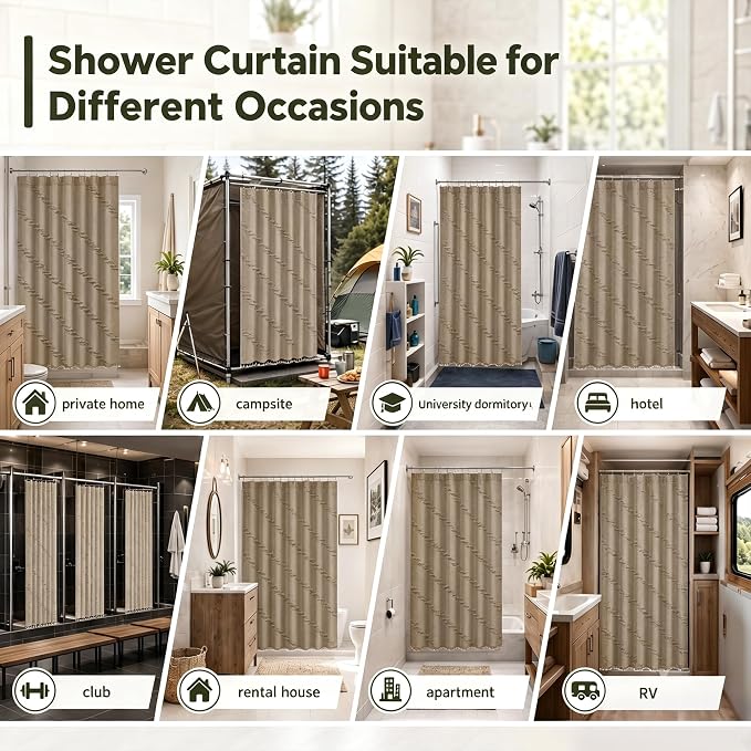 Siiluminisoy Boho Farmhouse Shower Curtain Woven Fabric Khaki Shower Curtain, 72 x 72 Tufted Chevron Textured Striped Modern Farmhouse Minimalist Shower Curtain for Bathroom
